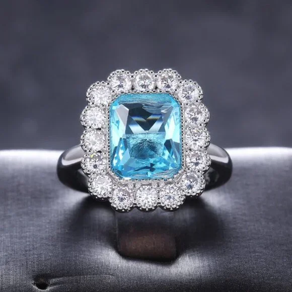 NEW Silver Radiant Cut Aquamarine Halo Ring